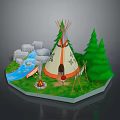 Cozy Tepee Camping Furniture With Green Trees Stream And Campfire