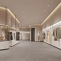 Stylish Clothing Store Interior With Logo Mannequin Hanging Clothes White Reception Counter Tables And Chairs