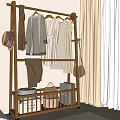 Wooden Clothes Rack With Hanging Coats Dresses Hat And Storage Boxes In Bedroom