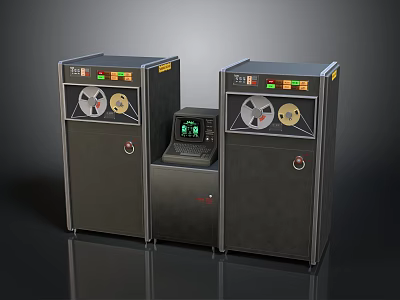 Vintage Black Computer Equipment With Dual Tape Drives Control Panel And Indicator Lights 3d model