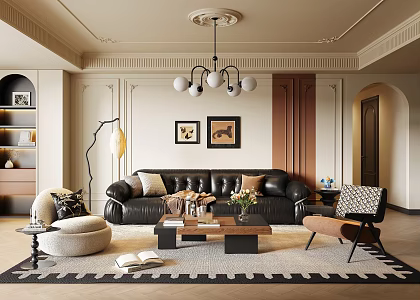 French Middle Style Living Room French Retro Living Room French Middle Style Sofa Combination Sofa Coffee Table Combination Cross Hall Black and White Grey Living Room French Leisure Chair French Coffee Table 3d model