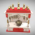 Traditional Pooja Mandir Cabinet With Red Gold Decor Golden Spires And Intricate Carvings
