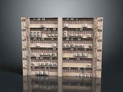 Old Apartment Building Exterior With Multiple Floors Air Conditioners And Windows 3d model