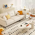White Modern Sofa And Coffee Table Set With Throw Pillows And Checkered Rug 3d model