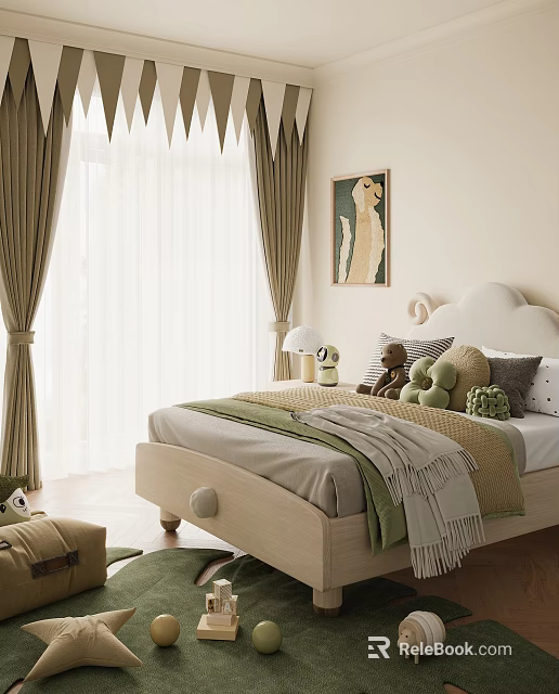 Cozy Bedroom Interior With Cloud Shaped Headboard Green Curtains Window Wall Painting And Stuffed Toys 3d model 