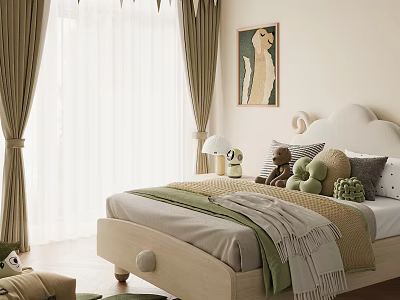 Cozy Bedroom Interior With Cloud Shaped Headboard Green Curtains Window Wall Painting And Stuffed Toys 3d model