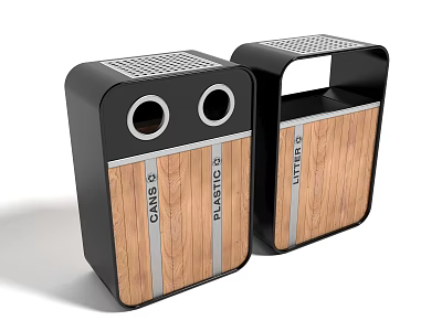Public Recycling Trash Bins With CARBS PLASTIC STYROFOAM Classification And Wooden Texture Design 3d model