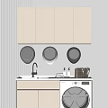 Modern White Bathroom Cabinetry With Sink Washing Machine Three Round Dryer Units And Upper Storage