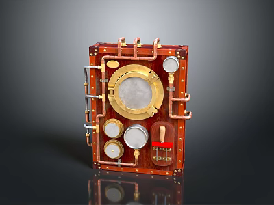 Vintage Red Wooden Door With Brass Components Circular Viewport Gauges Pipes And Handle 3d model