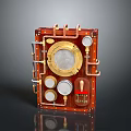 Vintage Red Wooden Door With Brass Components Circular Viewport Gauges Pipes And Handle