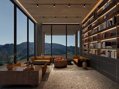 Scenic Restaurant With Large Windows Mountain Views Built in Bookshelves Cozy Sofas And Coffee Table 3d model