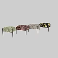 Round Shoe Bench With Woven Brown And Beige Pattern And Wooden Legs