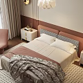 Cozy Bedroom Interior With Large Windows Snowy Trees Outside Beige Curtains Brown Headboard Round Wall Decor And Pink Armchair