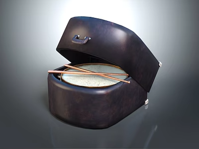 Open Dark Colored Drum Case With Drumhead And Wooden Drumsticks 3d model