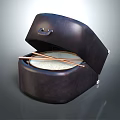 Open Dark Colored Drum Case With Drumhead And Wooden Drumsticks 3d model