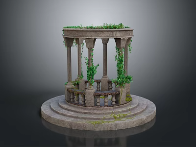 Round Stone Architectural Structure With Decorative Columns Green Vines Steps And Bench 3d model