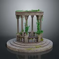 Round Stone Architectural Structure With Decorative Columns Green Vines Steps And Bench 3d model