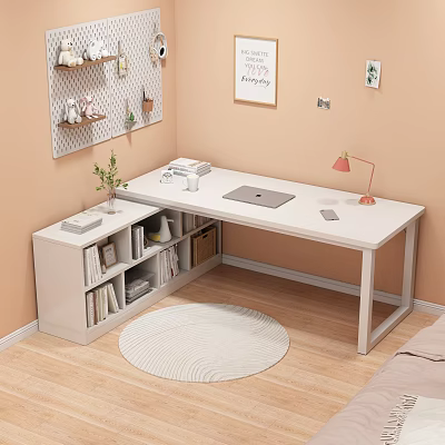 Modern White Desk Setup With Bookshelf Storage Table Lamp Laptop And Round Rug 3d model