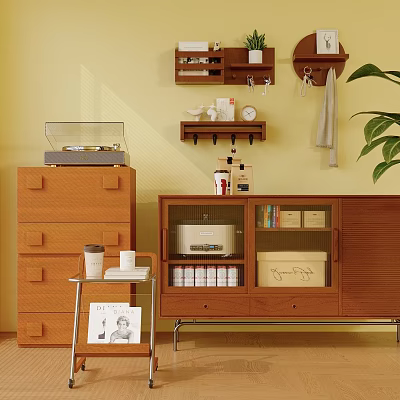 Natural Wooden Dining Sideboard With Coffee Maker Books Box And Wall Shelves In Cozy Interior 3d model