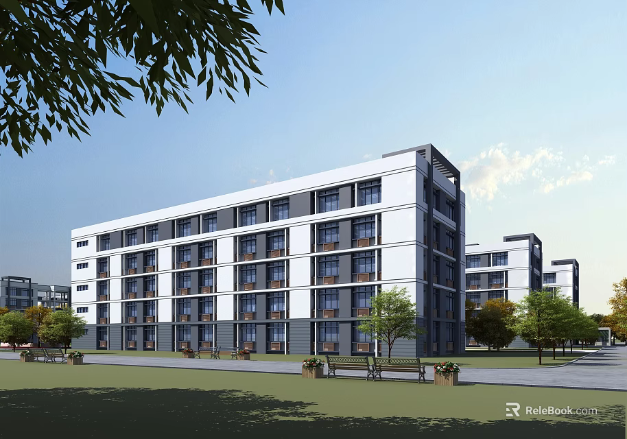 Modern Multi Story Industrial Factory Building With White Gray Walls And Surrounding Greenery 3d model 