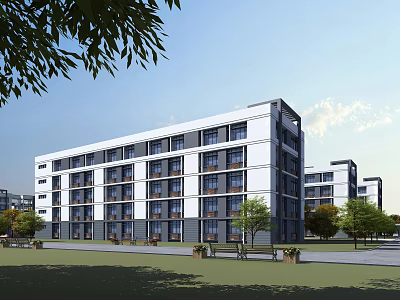Modern Multi Story Industrial Factory Building With White Gray Walls And Surrounding Greenery 3d model