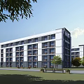 Modern Multi Story Industrial Factory Building With White Gray Walls And Surrounding Greenery