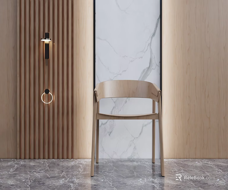 Modern Wooden Leisure Chair With Sleek Design In Interior With Wooden Panel And Marble Backdrop 3d model 