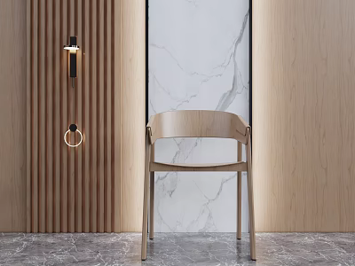 Modern Wooden Leisure Chair With Sleek Design In Interior With Wooden Panel And Marble Backdrop 3d model