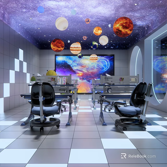 Starry Sky Ceiling Study Room With Floating Planets Large Screen And Ergonomic Desks 3d model 