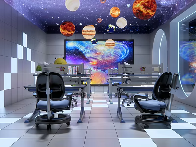 Starry Sky Ceiling Study Room With Floating Planets Large Screen And Ergonomic Desks 3d model