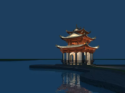 Traditional Chinese Pavilion With Multi Tiered Eaves Illuminated At Night By Waterfront With Reflection 3d model