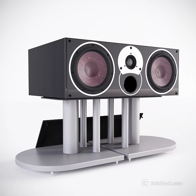High Quality Home Audio Speaker System With Black Cabinet Purple Drivers And Silver Stand 3d model 
