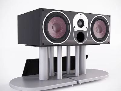 High Quality Home Audio Speaker System With Black Cabinet Purple Drivers And Silver Stand 3d model