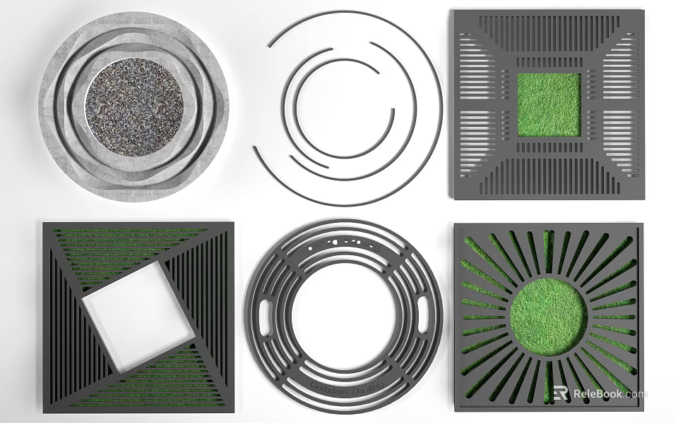 Tree Grates in Various Shapes Featuring Green Grass and Gravel Designs 3d model