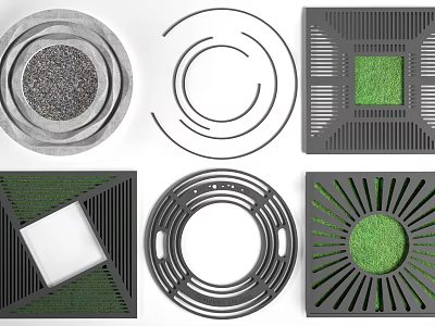 Tree Grates in Various Shapes Featuring Green Grass and Gravel Designs 3d model