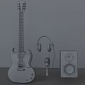 Modern Musical Instruments Setup With Electric Guitar Headphones Microphone Speakers On White Background