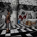 Artistic Interior Space With Black And White Checkerboard Floor Geometric Ceiling And Clock Decorations