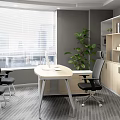 Modern Office Desk Interior With Computer Three Black Chairs Large Window And Wooden Bookshelf