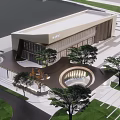 Shan Clo d City Modern Sales Office Building Entrance With Trees Lawn Lighting And Car
