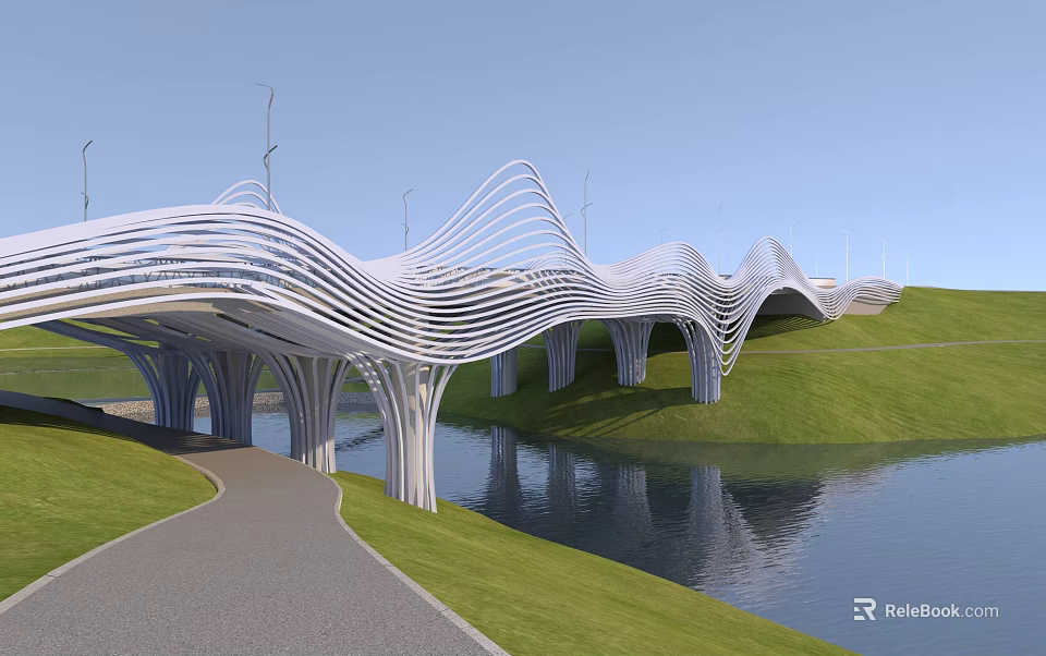 Modern White Landscape Bridge with Wavy Structure Over Water Area and Green Grass Pathway 3d model 