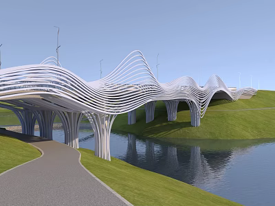 Modern White Landscape Bridge with Wavy Structure Over Water Area and Green Grass Pathway 3d model