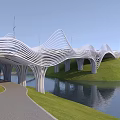 Modern White Landscape Bridge with Wavy Structure Over Water Area and Green Grass Pathway