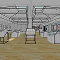 Spacious Exhibition Hall Featuring Glass Display Cases Geometric Ceiling Skylights And Wooden Floor