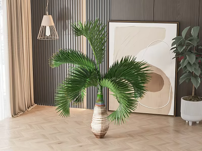 Lush Green Palm Potted Plant In Woven Texture Pot With Wooden Wall And Hanging Lamp 3d model