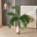 Lush Green Palm Potted Plant In Woven Texture Pot With Wooden Wall And Hanging Lamp