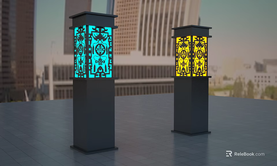 Outdoor Lights Featuring Blue And Yellow Glow With Intricate Cutout Patterns On Urban Lamp Posts 3d model