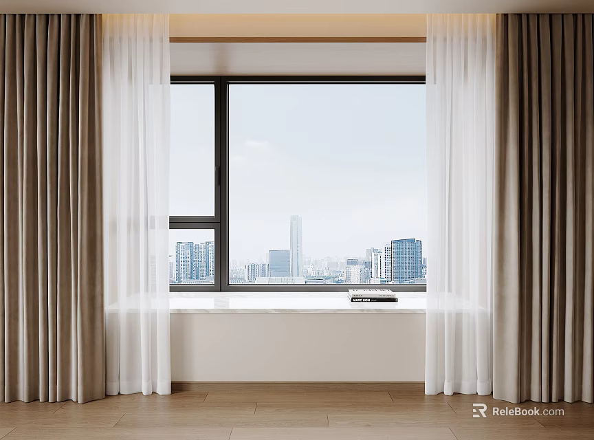 Beige Thick Curtains And White Sheer Panels For Window With City View And Wooden Floor 3d model 