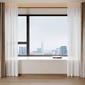 Beige Thick Curtains And White Sheer Panels For Window With City View And Wooden Floor