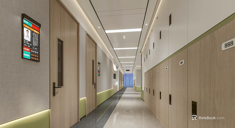 Sleek Modern Elevator Corridor Interior With Wooden Doors Lockers And Ceiling Lighting 3d model