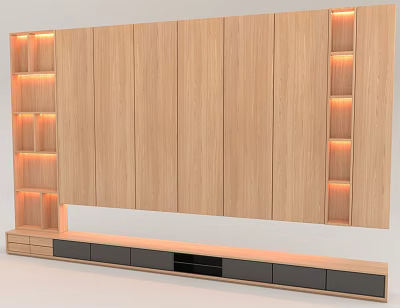 Wooden Accent Wall With Illuminated Side Shelves And Lower TV Cabinet 3d model